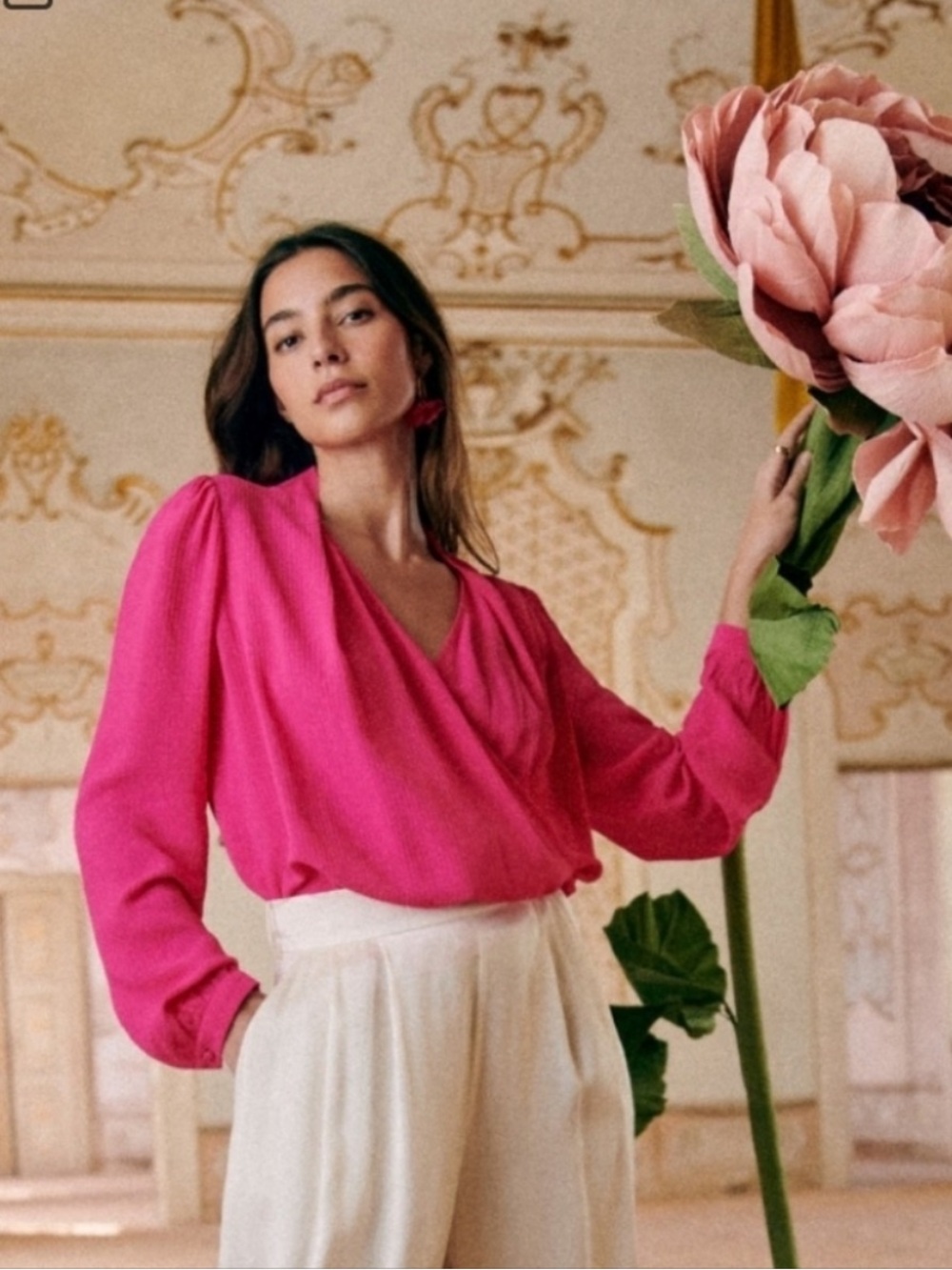 Sezane Blouse Abelia Wrap Drape in Bright Pink